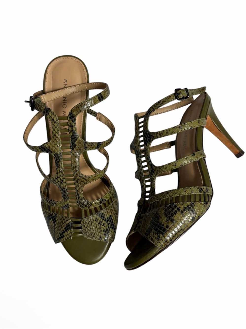 Antonio Melani green & black snakeskin cutout ankle strap heels size 7.5 flawed